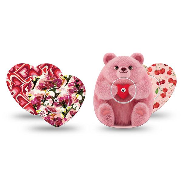 ExpressionMed Bear Hugs Freestyle Libre, Libre 2 Plus, and Abbott Lingo Heart, 4-Pack Tape and 4-Pack Sticker, Pinks and reds Decorative Patch for CGM