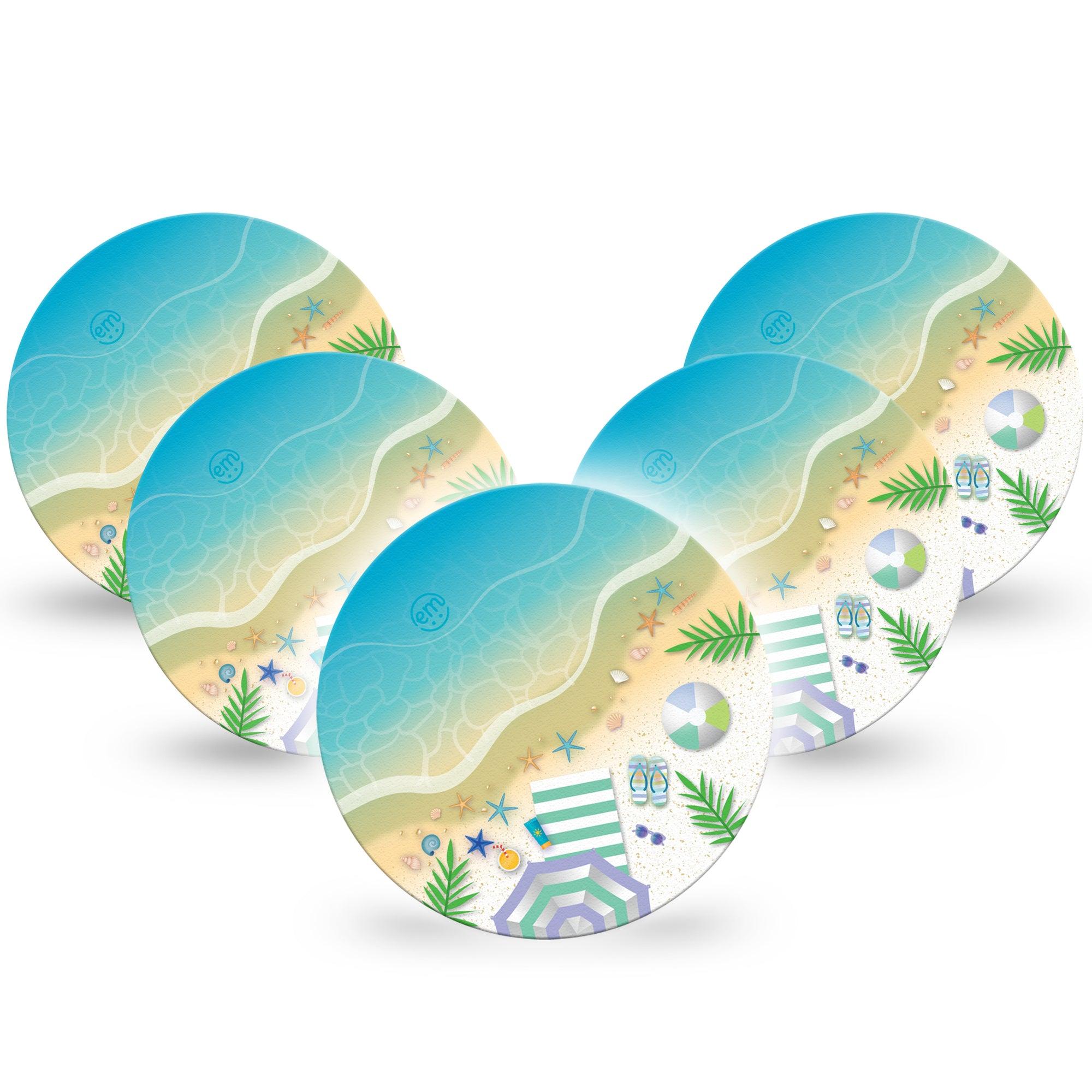ExpressionMed Relaxing Beach Libre 2 Overpatch, 5-Pack, Beach Umbrella And Flipflops Themed, CGM Overlay Tape Design