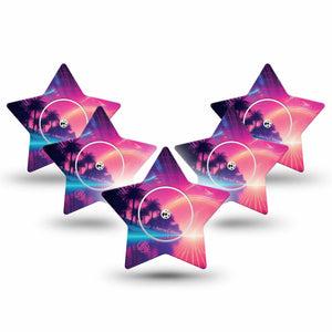ExpressionMed Neon Synthwave Freestyle Libre 2 and Libre 2 Plus Star Shape Tape, Abbott Lingo,  5-Pack Tape and 5-Pack Sticker Futuristic Glow, Adhesive Tape CGM Design
