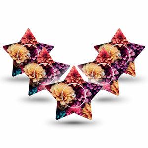 ExpressionMed Dahlia Bouquet Freestyle Libre 2 Star Shape 5-Pack Dahlia Garden Inspiration Plaster CGM Design, Abbott Lingo with center stickers