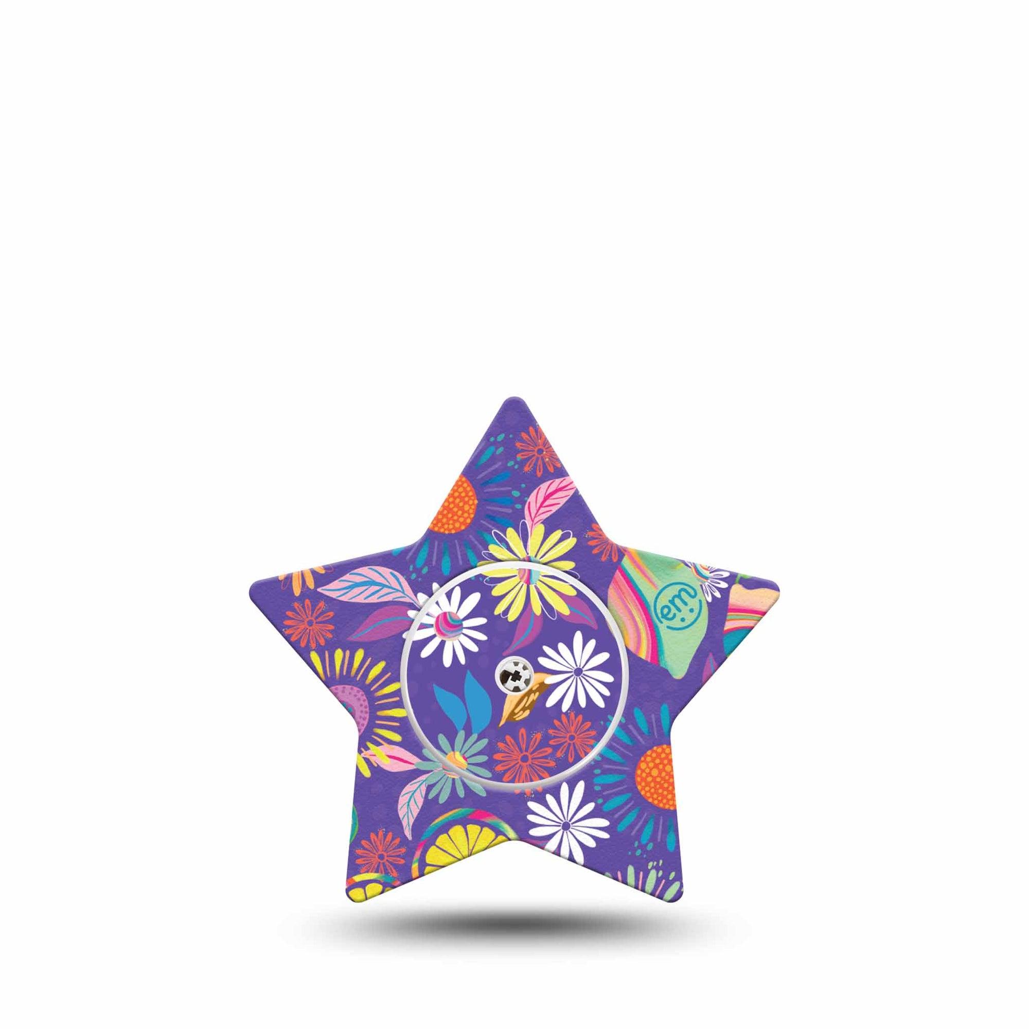 ExpressionMed Purple Flowers Freestyle Libre 2 Star Shape Single Modern Abstract art by Etta Vee Plaster CGM Design, Abbott Lingo with center sticker