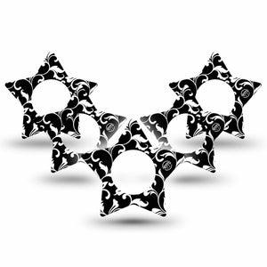 ExpressionMed Fleur de lis Freestyle Libre 2, Abbott Lingo, Star Shape Tape 5-Pack Tape Black and White vines Plaster CGM Design