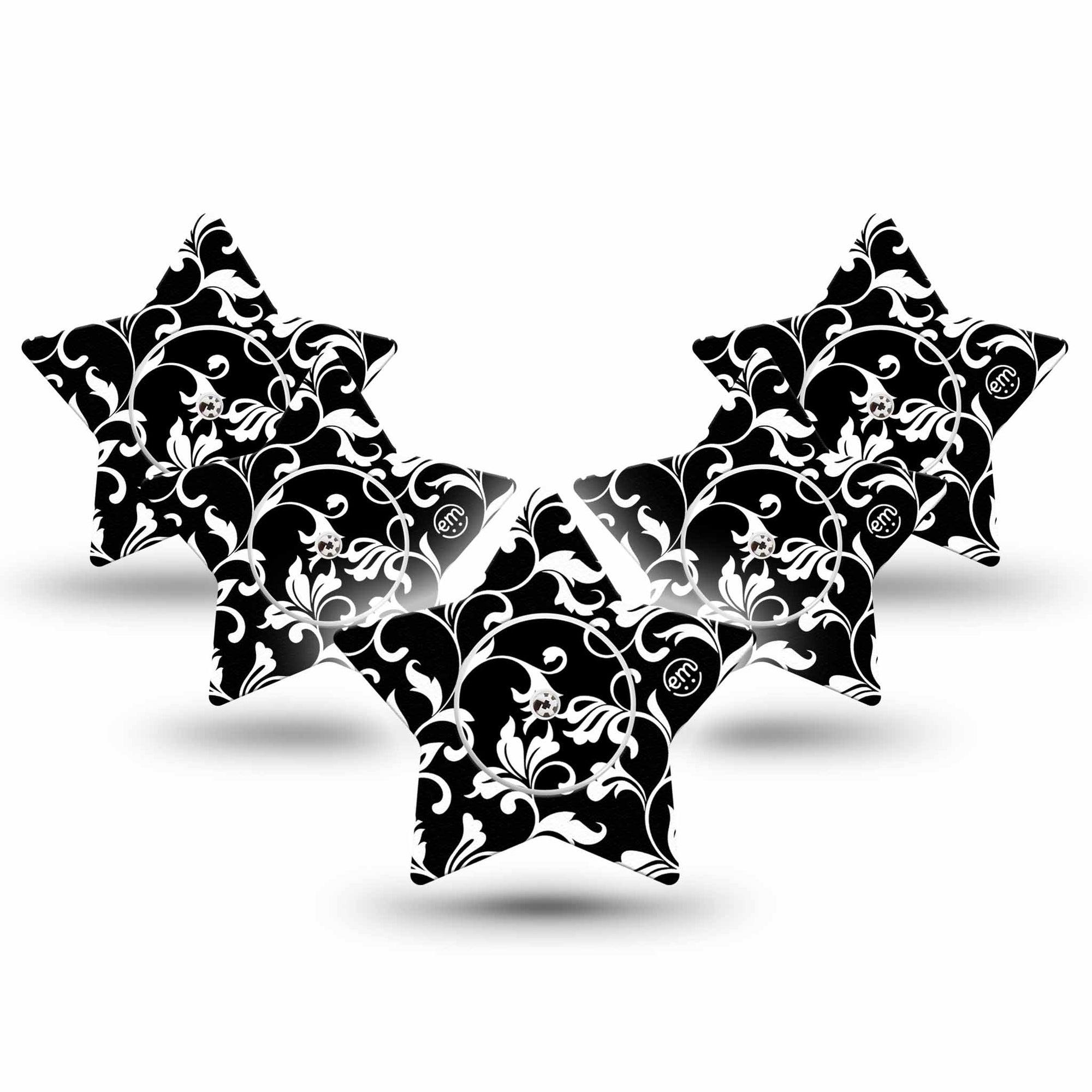 ExpressionMed Fleur de lis Freestyle Libre 2, Abbott Lingo, Star Shape Tape 5-Pack Sticker and Tape Black and White vines Plaster CGM Design