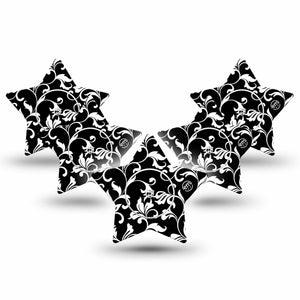 ExpressionMed Fleur de lis Freestyle Libre 2, Abbott Lingo, Star Shape Tape 5-Pack Sticker and Tape Black and White vines Plaster CGM Design