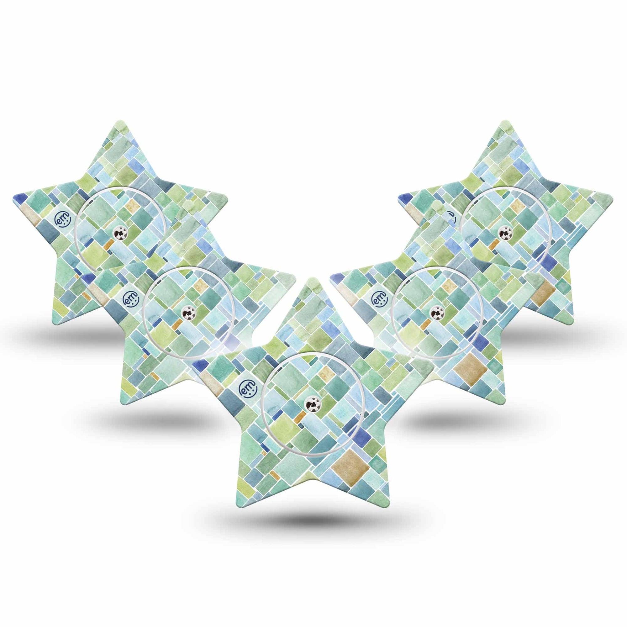 ExpressionMed Watercolor Geometrics Freestyle Libre 2 Star Shape Tape, Abbott Lingo, 5-Pack Tape and 5-Pack Sticker Patchwork Tile Green Blue Adhesive Tape CGM Design