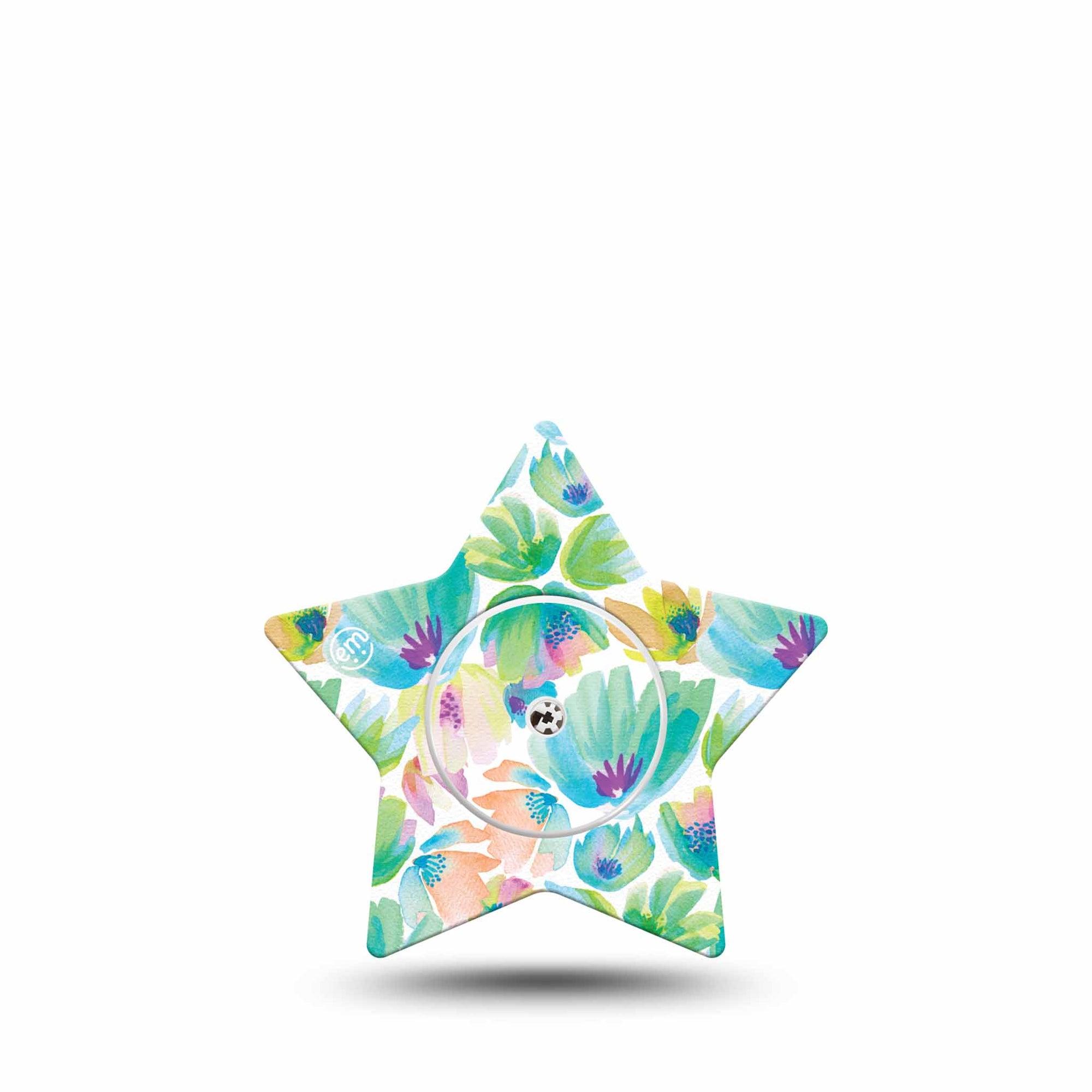 ExpressionMed Happy Go Lucky Flowers Freestyle Libre 2 Star Shape Tape, Abbott Lingo, Single Tape and Single Sticker Green Toned Palette Florals Adhesive Tape CGM Design