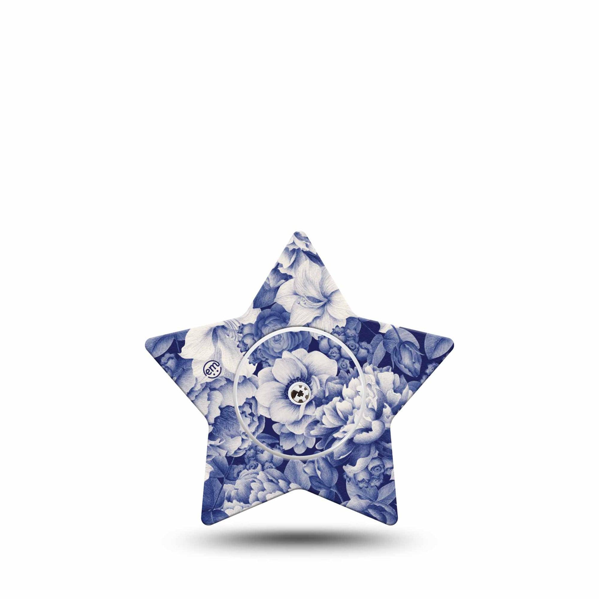 ExpressionMed Moody Blues Freestyle Libre 2 Star Shape Tape, Abbott Lingo,  Single Tape and Single Sticker Stony Blue Florals, Adhesive Tape CGM Design