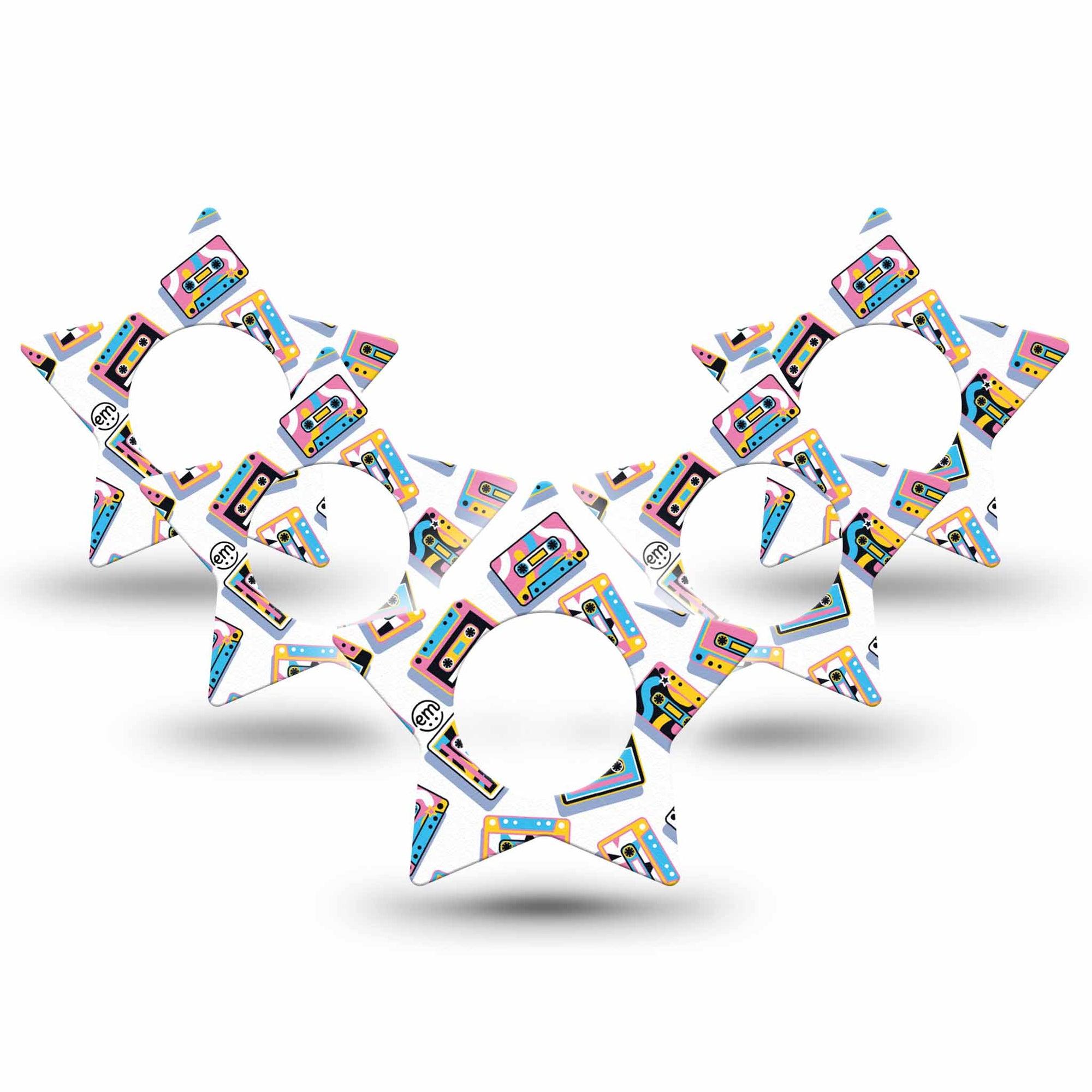 ExpressionMed Vintage Music Tapes Freestyle Libre 2 and Libre 2 Plus Star Shape Tape, Abbott Lingo, 5-Pack Tape Fun Colorful Music Tapes, Adhesive Patch CGM Design