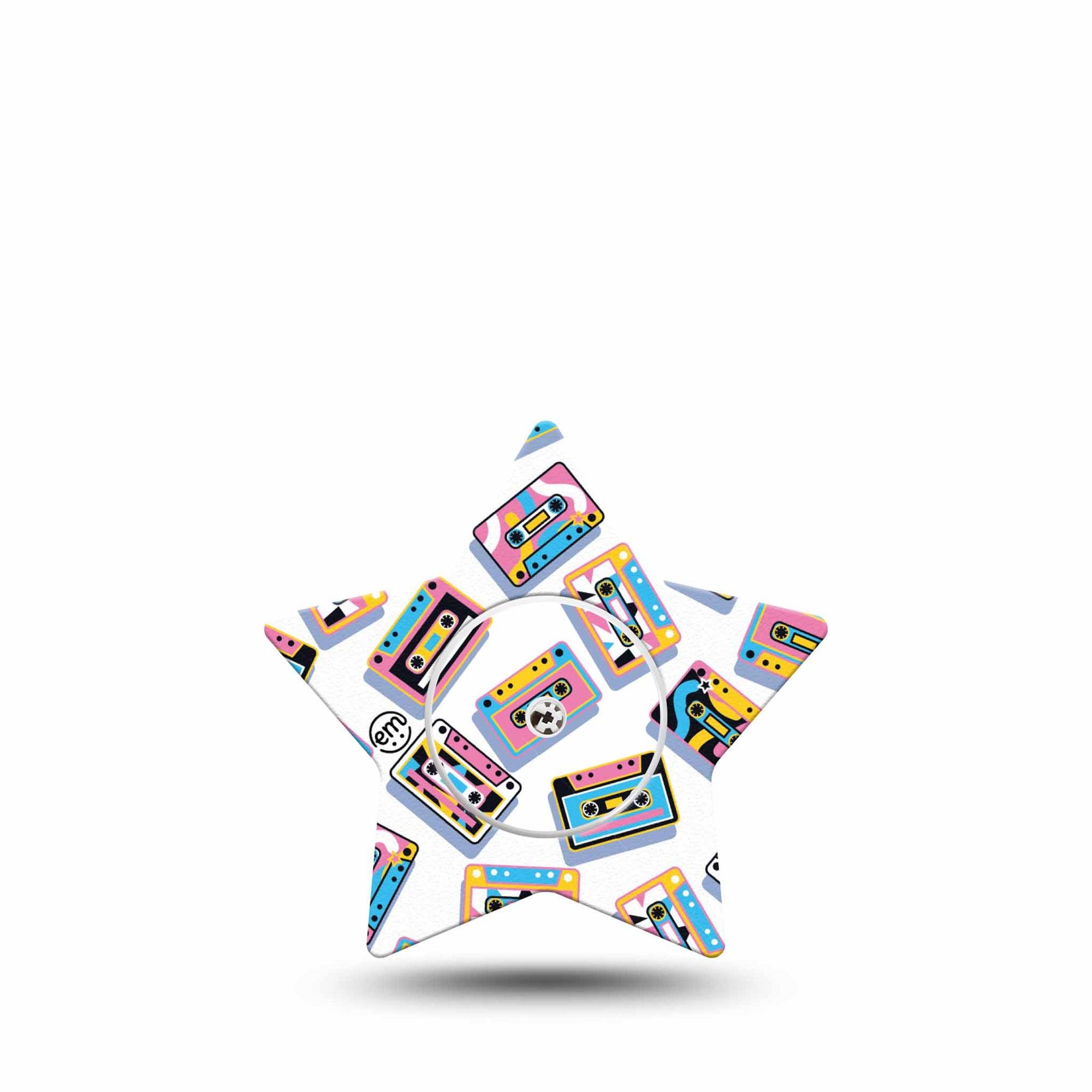 ExpressionMed Vintage Music Tapes Freestyle Libre 2 and Libre 2 Plus Star Shape Tape, Abbott Lingo, Single Tape and Single Sticker Funky Bright Music Tapes, Adhesive Patch CGM Design
