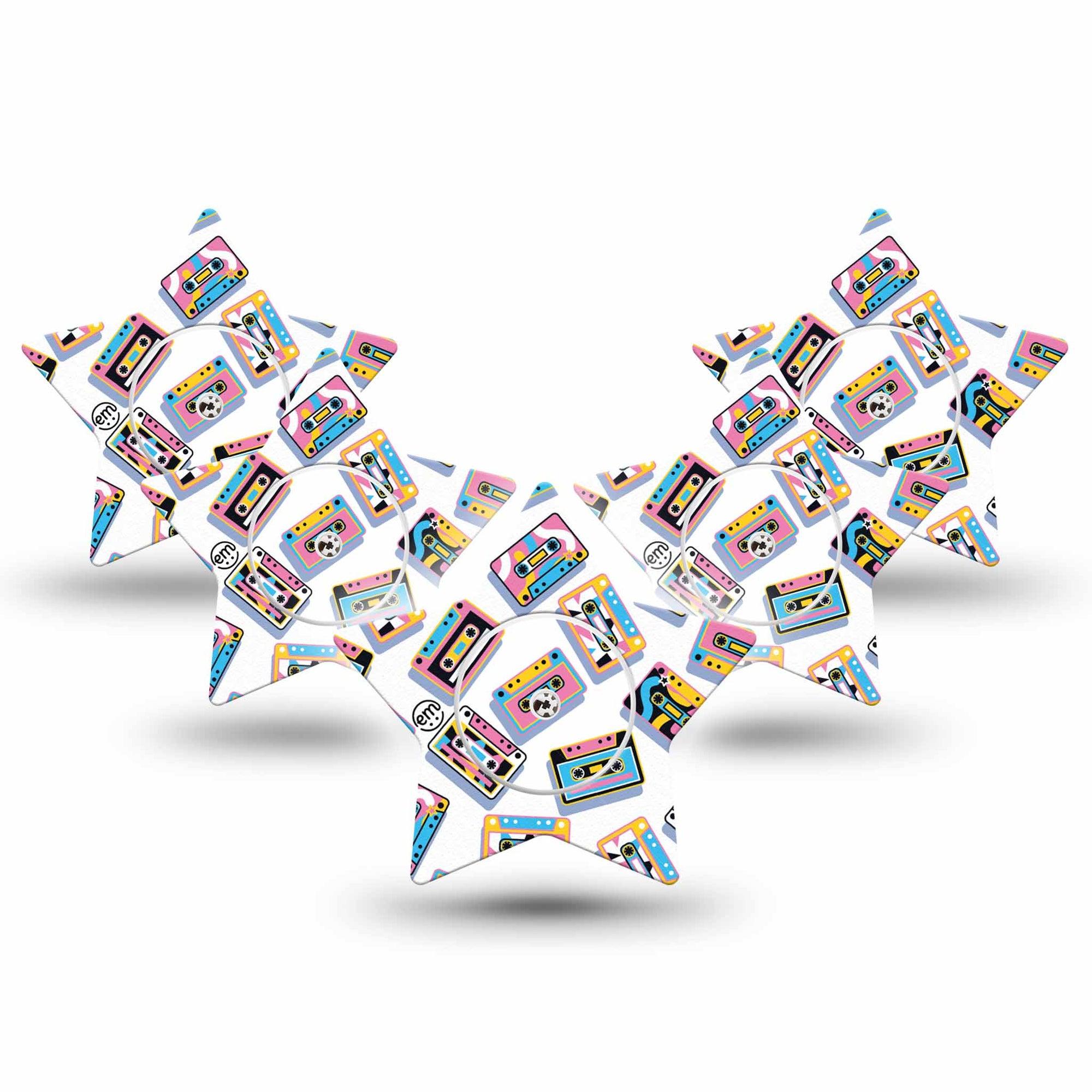 ExpressionMed Vintage Music Tapes Freestyle Libre 2 and Libre 2 Plus Star Shape Tape, Abbott Lingo, 5-Pack Tape and 5-Pack Sticker Fun Colorful Music Tapes, Adhesive Patch CGM Design
