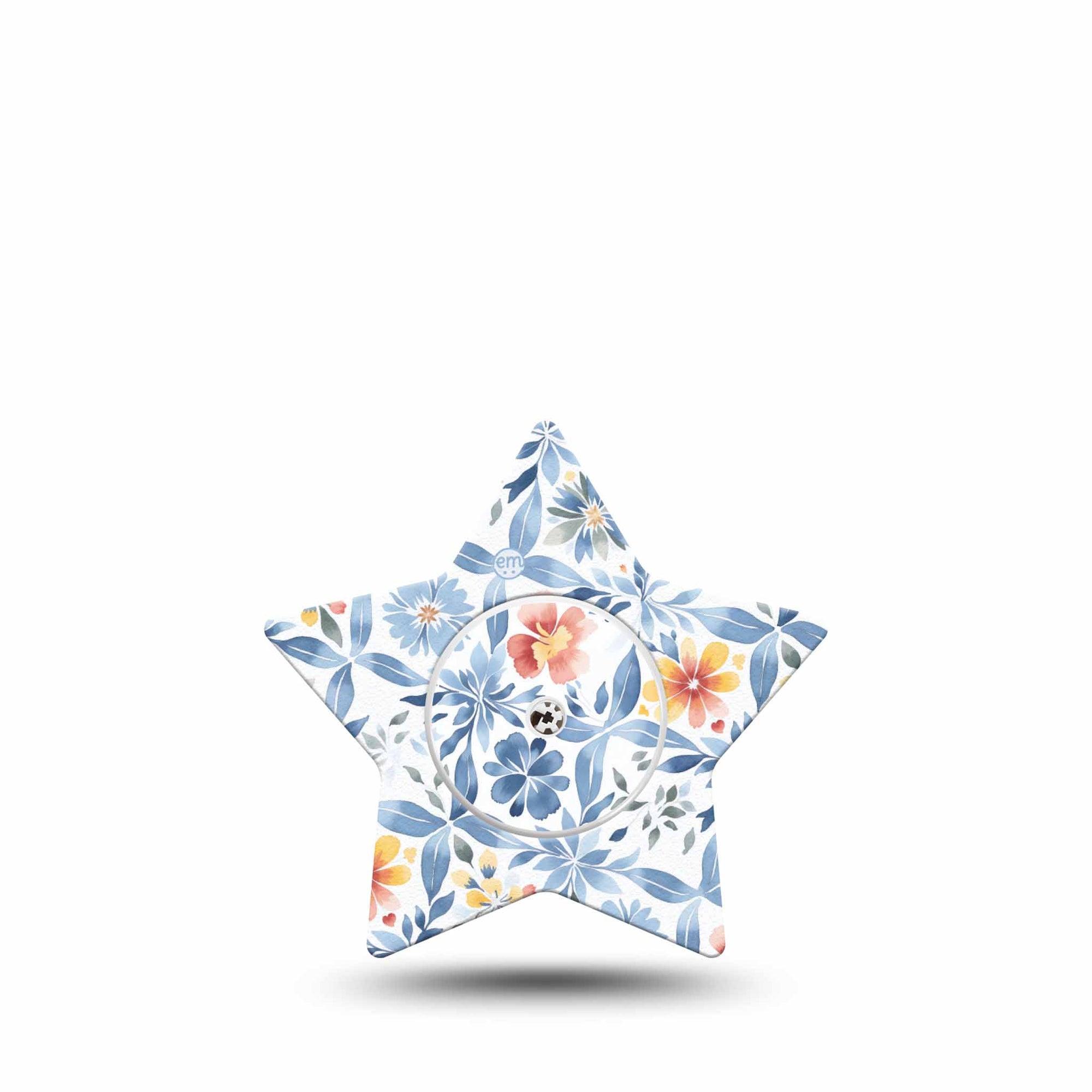 ExpressionMed Blue and Yellow Tile Freestyle Libre 2 and Libre 2 Plus Star Shape Tape, Abbott Lingo, Single Tape and Single Sticker Faded Blue Orange Florals Details, Adhesive Patch CGM Design