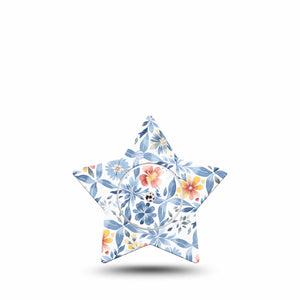 ExpressionMed Blue and Yellow Tile Freestyle Libre 2 and Libre 2 Plus Star Shape Tape, Abbott Lingo, Single Tape and Single Sticker Faded Blue Orange Florals Details, Adhesive Patch CGM Design