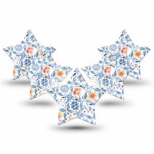 ExpressionMed Blue and Yellow Tile Freestyle Libre 2 and Libre 2 Plus Star Shape Tape, Abbott Lingo, 5-Pack Tape and 5-Pack Sticker Aesthetic Blue Floral Tile Pattern, Adhesive Patch CGM Design