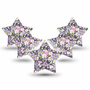 ExpressionMed Purple and Pink Flowers Freestyle Libre 2 and Libre 2 Plus Star Shape Tape, Abbott Lingo, 5-Pack Tape and 5-Pack Sticker Small Purple Florals And Buds, Adhesive Tape CGM Design