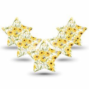 ExpressionMed Yellow Mosaic Floral Freestyle Libre 2 and Libre 2 Plus Star Shape Tape, Abbott Lingo, 5-Pack Tape and 5-Pack Sticker Yellow Gold-Toned Garden, Adhesive Patch CGM Design