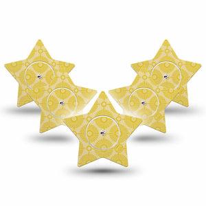 ExpressionMed Yellow Sundress Freestyle Libre 2 and Libre 2 Plus Star Shape Tape, Abbott Lingo, 5-Pack Tape and 5-Pack Sticker Golden Ornamental Sunbursts, Adhesive Tape CGM Design