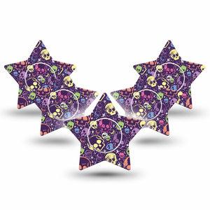 ExpressionMed Neon Skulls Freestyle Libre 2 and Libre 2 Plus Star Shape Tape, Abbott Lingo, 5-Pack Tapeand 5-Pack Sticker, Vivid Neon Skull Print, Adhesive Tape CGM Design