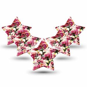 ExpressionMed Maroon Flowers Freestyle Libre 2 and Libre 2 Plus Star Shape Tape, Abbott Lingo,  5-Pack Tape and 5-Pack Sticker Red Flowers With Stems, Adhesive Tape CGM Design