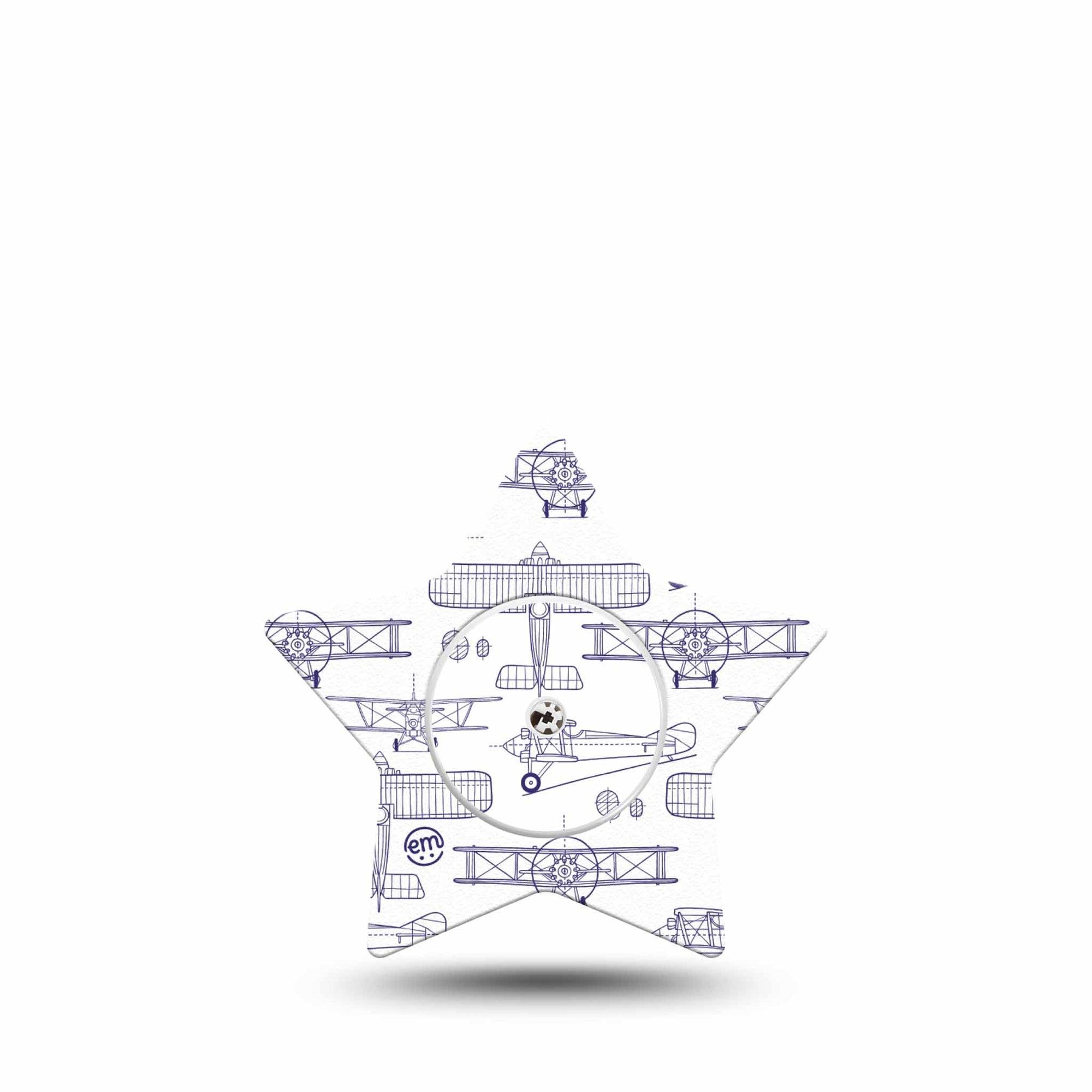 ExpressionMed Airplane Freestyle Libre 2 and Libre 2 Plus Star Shape Tape, Abbott Lingo, Single Tape and Single Sticker Navy Stenciled Planes, Adhesive Tape CGM Design