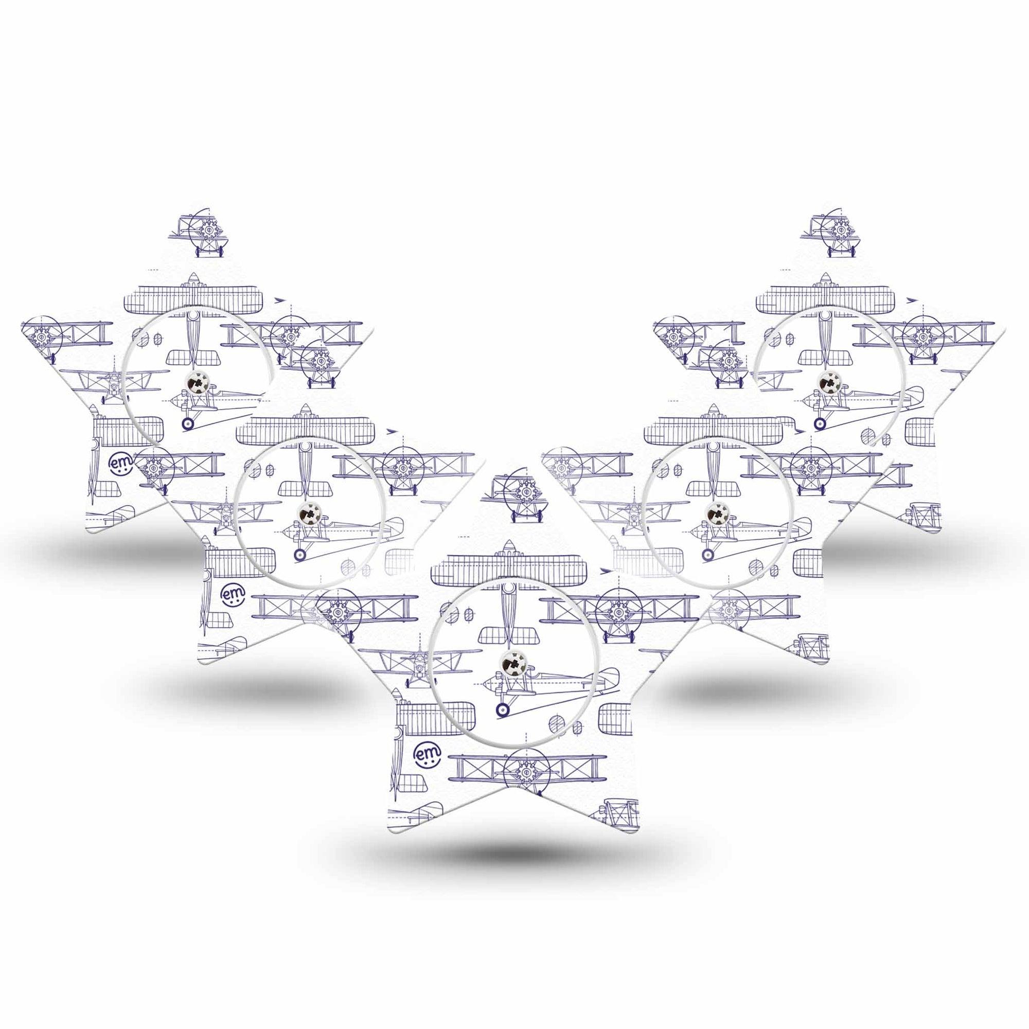 ExpressionMed Airplane Freestyle Libre 2 and Libre 2 Plus Star Shape Tape, Abbott Lingo, 5-Pack Tape and 5-Pack Sticker Stenciled Aircraft, Adhesive Tape CGM Design