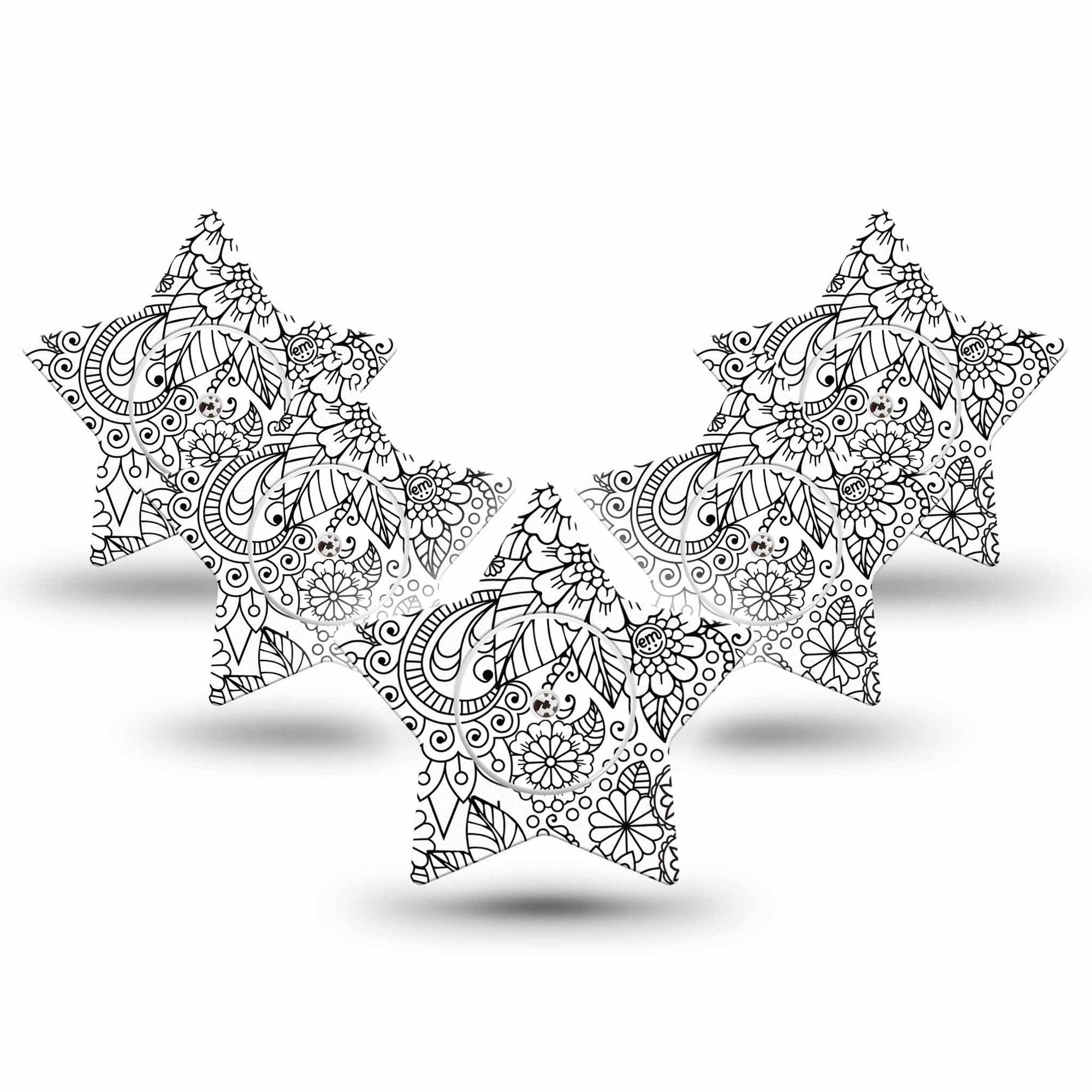 ExpressionMed Color Me Flower Freestyle Libre 2 and Libre 2 Plus Star Shape Tape, Abbott Lingo, 5-Pack Tape and 5-Pack Sticker Black White Design Plaster CGM Design