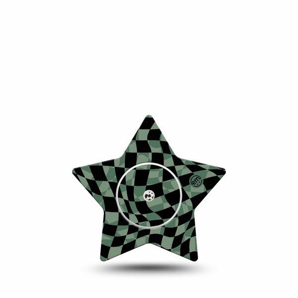 ExpressionMed Green & Black Checkerboard Freestyle Libre 2 and Libre 2 Plus Star Shape Tape, Abbott Lingo,  Single Tape and Single Sticker Modern Checkerboard Style, Adhesive Tape CGM Design