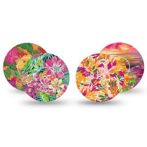 ExpressionMed Tangerine Tropics Variety Pack Freestyle Libre and Libre 2 Plus Tape, Abbott Lingo, 4-Pack Tape and 4-Pack Sticker Variety Tropical Sunset Blooms, Fixing Ring Tape Continuous Glucose Monitor Design