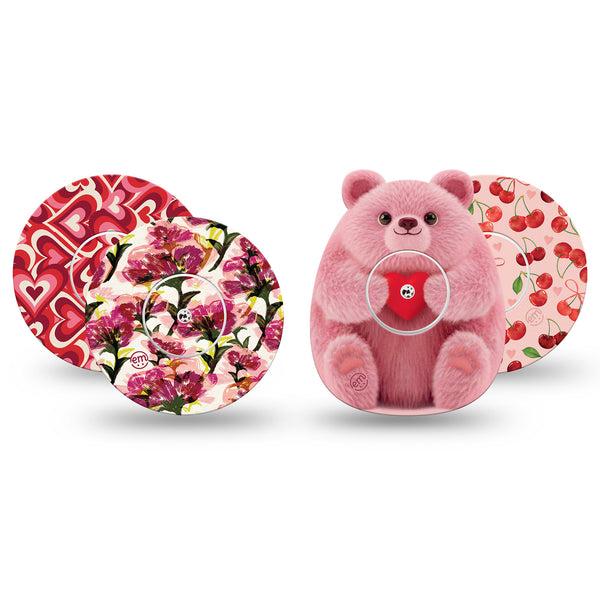ExpressionMed Bear Hugs Freestyle Libre, Libre 2 Plus, and Abbott Lingo, 4-Pack Tape and 4-Pack Sticker, Berry tone Valentines Adhesive Tape for CGM