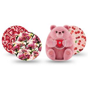 ExpressionMed Bear Hugs Freestyle Libre, Libre 2 Plus, and Abbott Lingo, 4-Pack Tape and 4-Pack Sticker, Berry tone Valentines Adhesive Tape for CGM