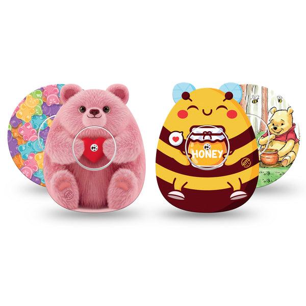 ExpressionMed Bear Necessities Freestyle Libre, Libre 2 Plus, and Abbott Lingo, 4-Pack Tape and 4-Pack Sticker, Honey and gummy bears Adhesive Tape for CGM