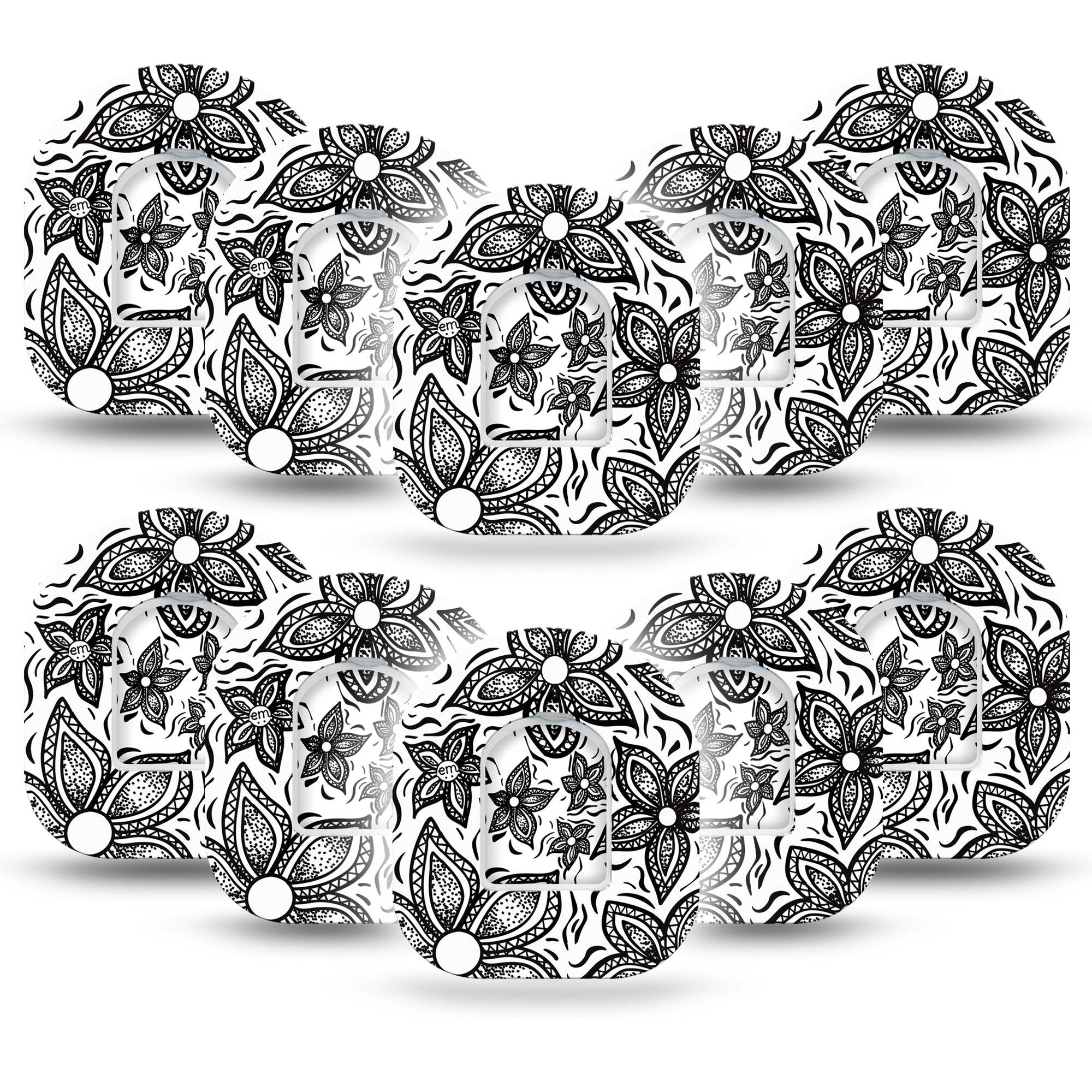 Black and White Floral Omnipod Tape 10-Pack Stickers and Tapes