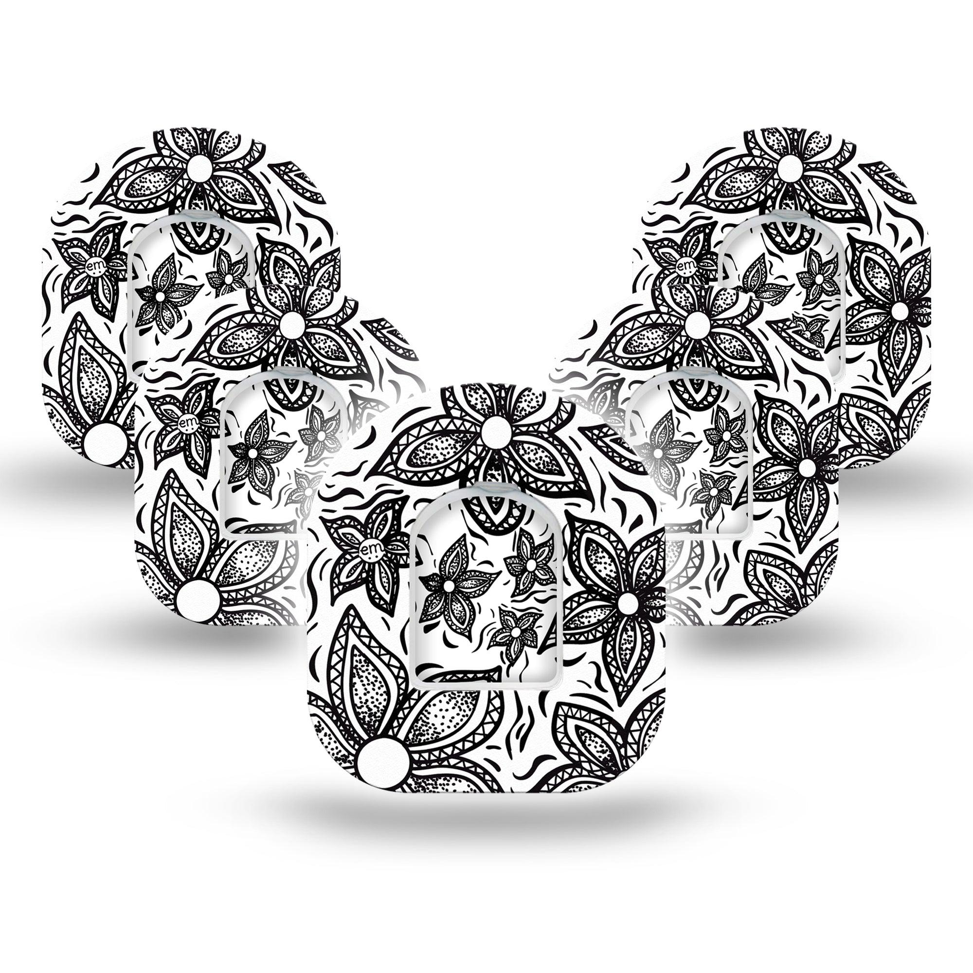 Black and White Floral Omnipod Tape 5-Pack Stickers and Tapes