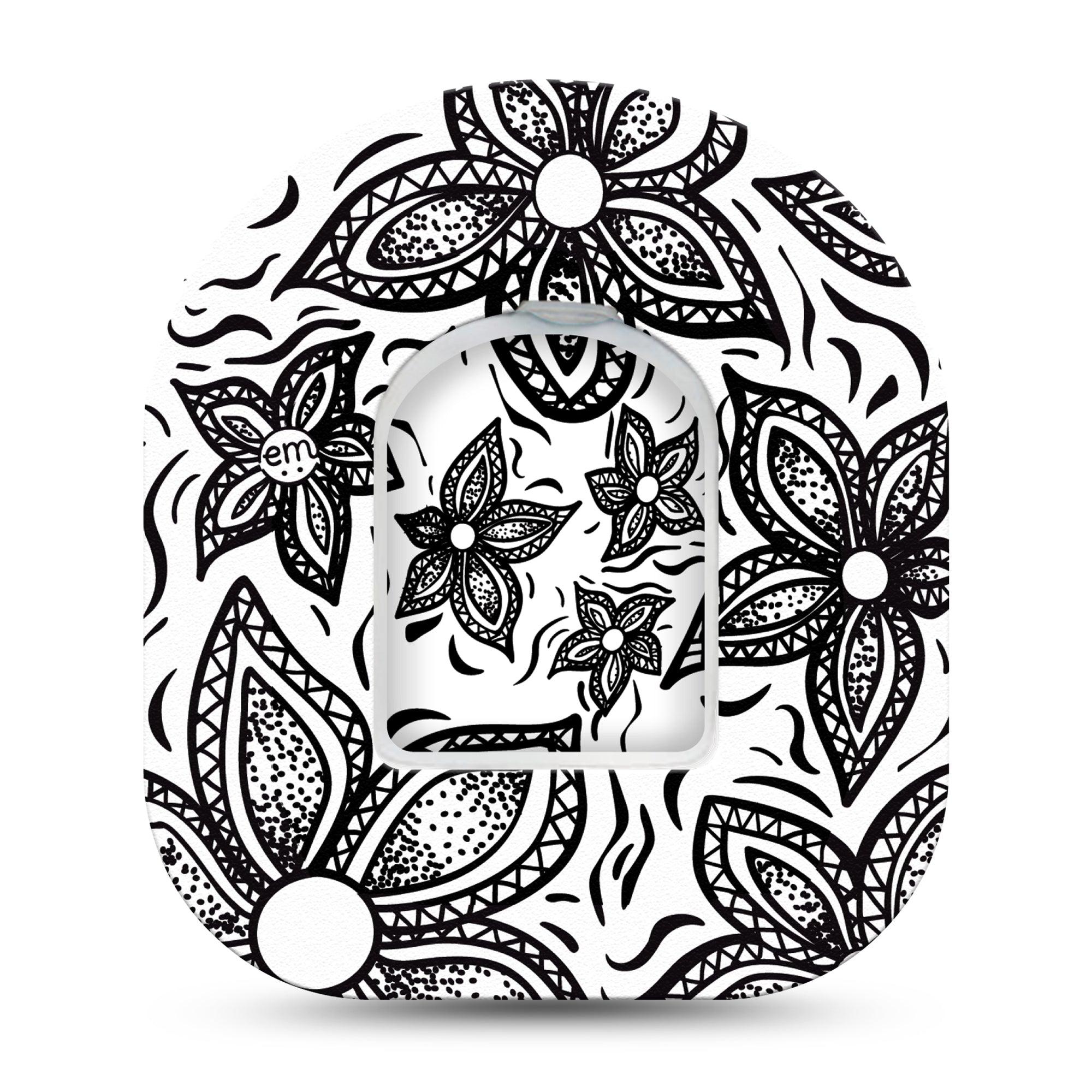 Black and White Floral Omnipod Tape Single Sticker and Tape