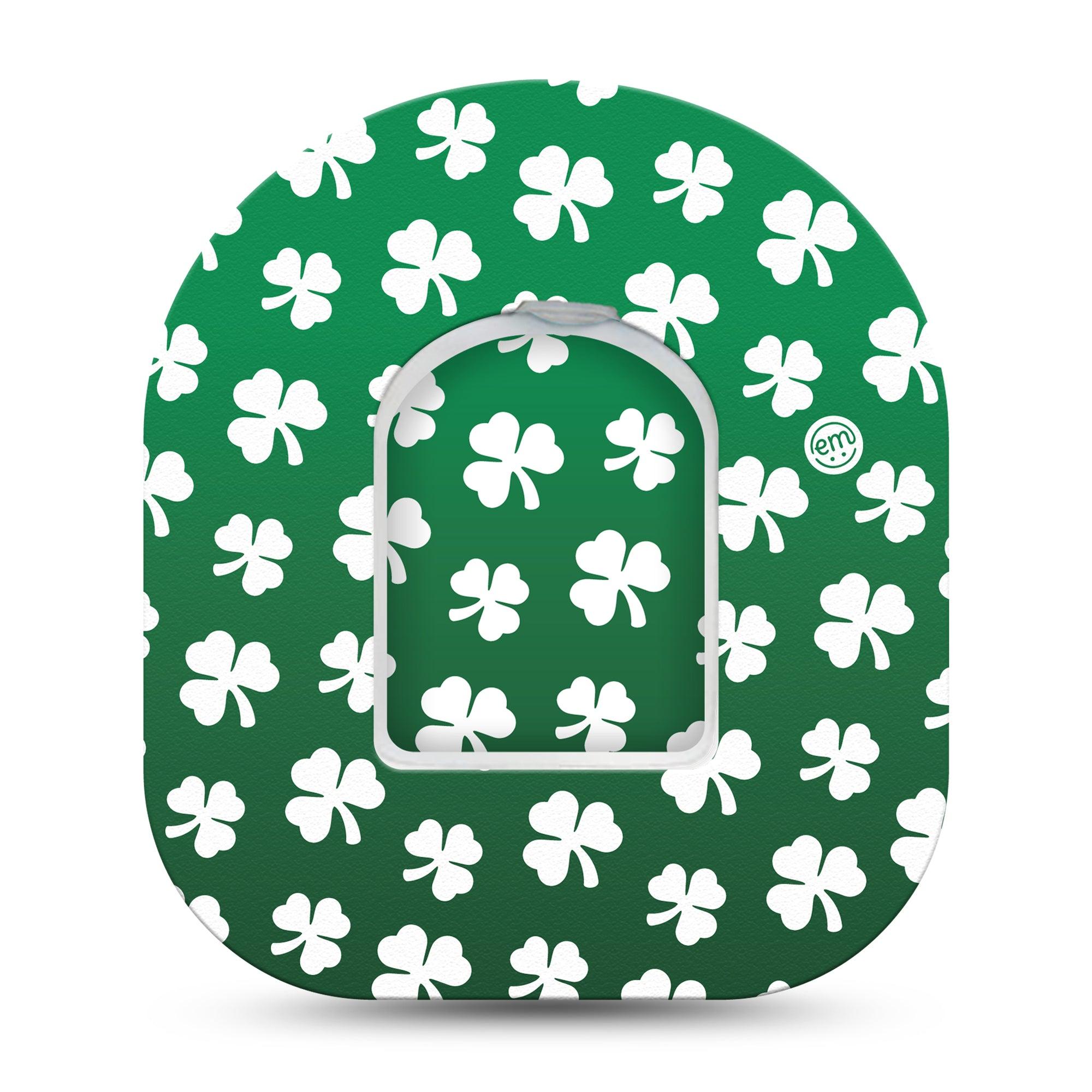 ExpressionMed Shamrock Omnipod Tape, Single Tape and Single Sticker White Shamrocks over Green Background, Adhesive Patch Pump Design