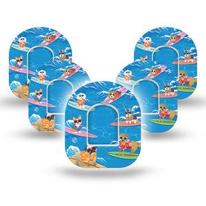 ExpressionMed Surfing Dogs Pod Tape, 5-Pack Tape and 5-Pack Sticker, Cool Surfing Pets Inspired, Plaster Patch Design