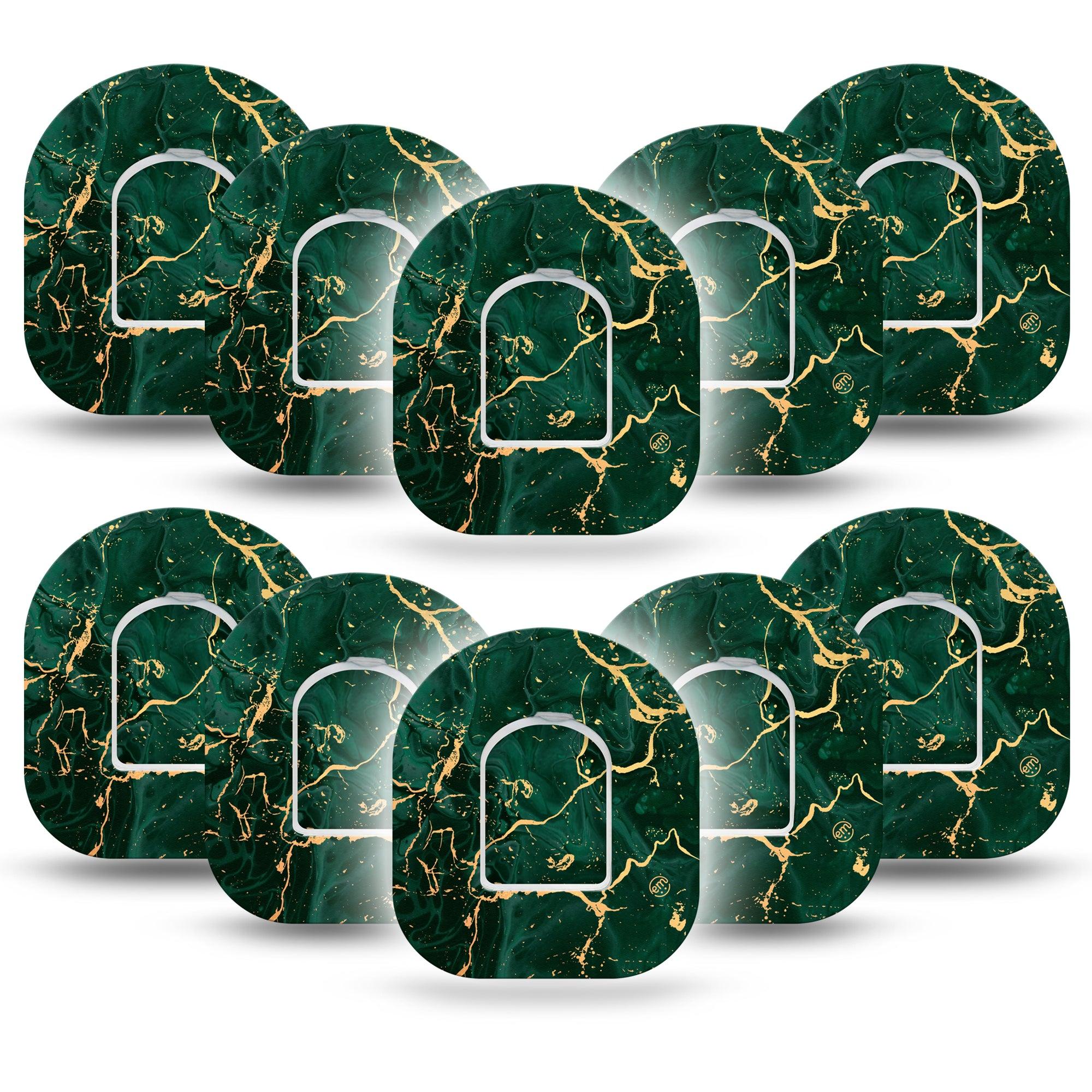 ExpressionMed Green & Gold Marble Pod Tape 10-Pack Stickers and Tapes, Green and Gold Stone, Omnipod, Overlay Patch Design