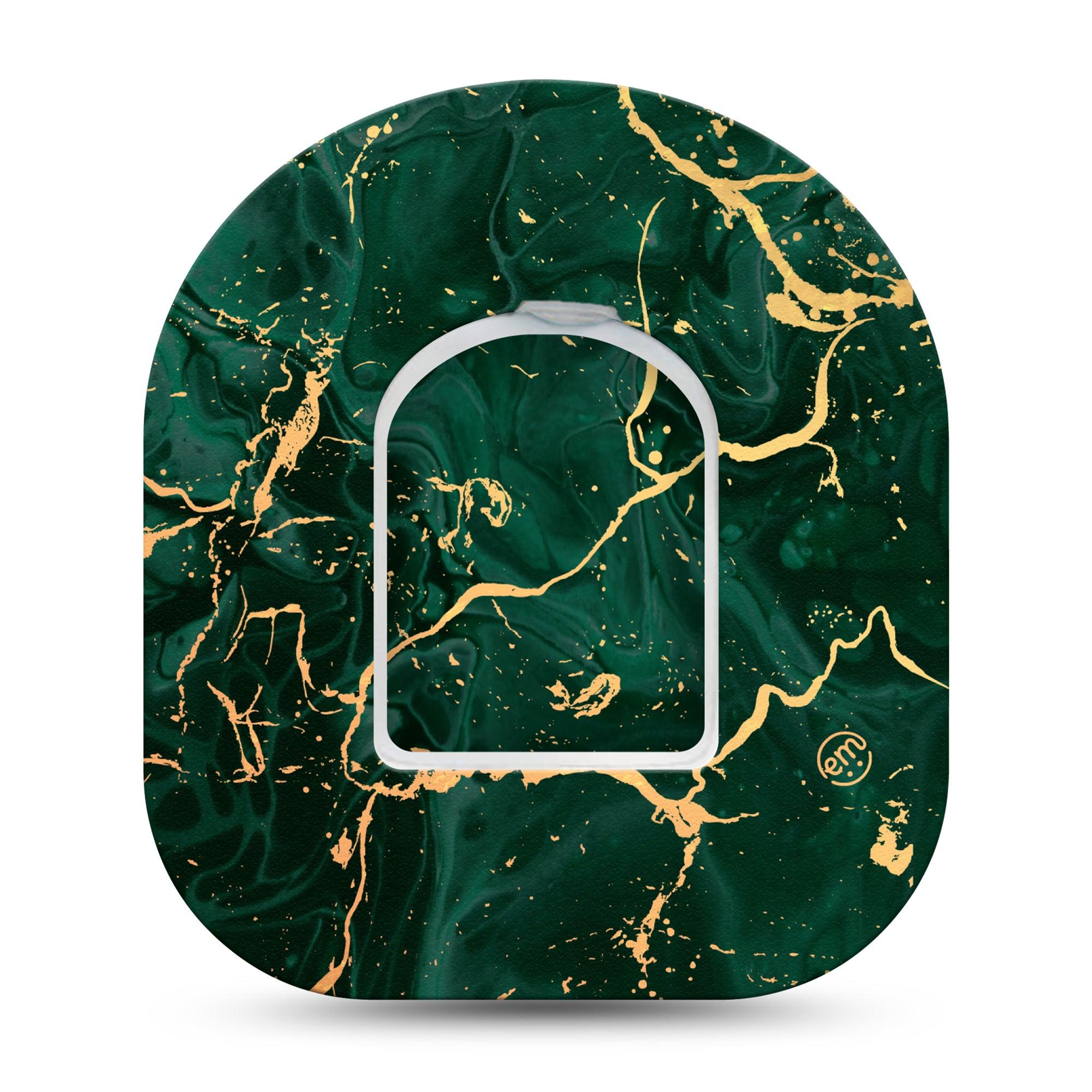ExpressionMed Green & Gold Marble Pod Tape, Single Sticker and Tape, Streaked Gold Green Stone, Omnipod Fixing Ring Patch Design
