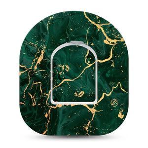 ExpressionMed Green & Gold Marble Pod Tape, Single Sticker and Tape, Streaked Gold Green Stone, Omnipod Fixing Ring Patch Design