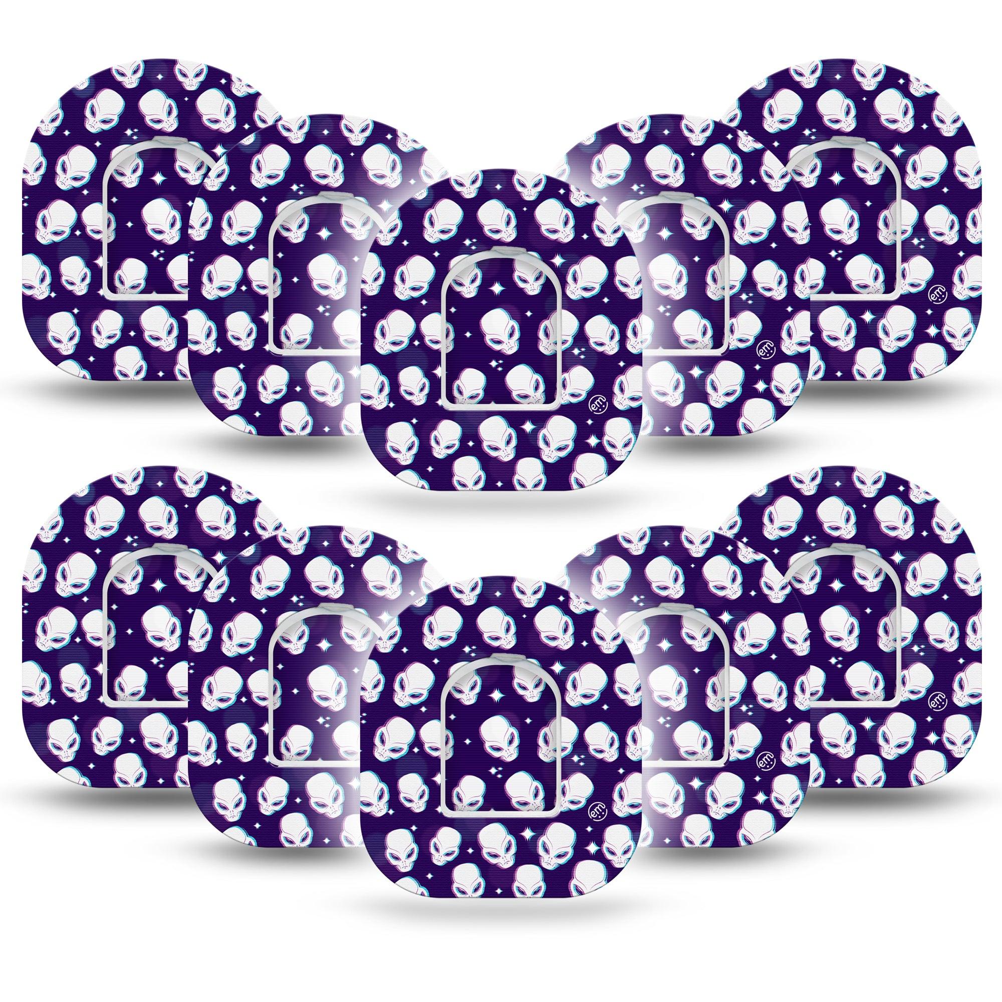 ExpressionMed Aliens Pod Tape Large eyed ET creature, 10-Pack tape and 10-Pack Sticker, Omnipod Fixing Ring Patch Design