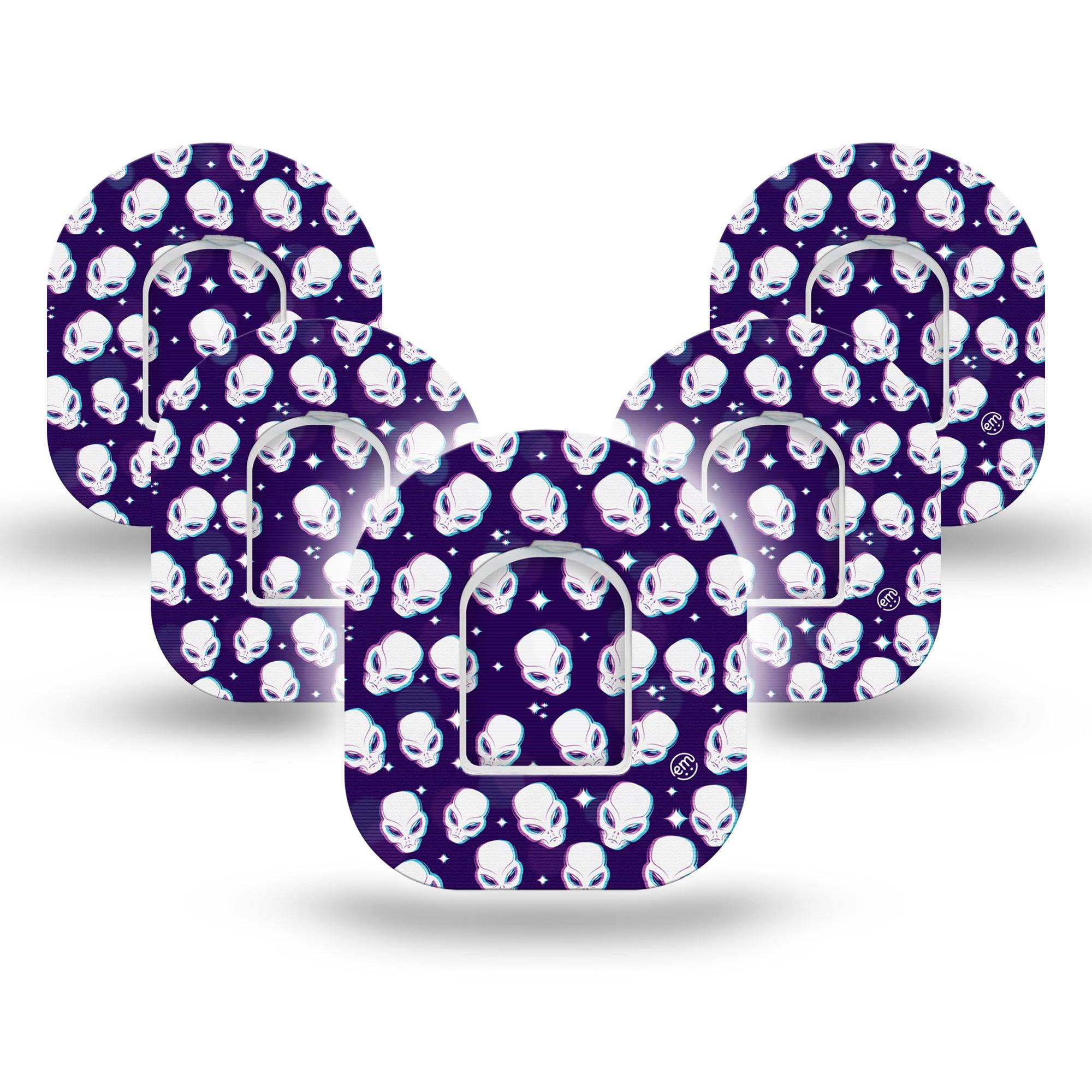 ExpressionMed Aliens Pod Tape Large eyed ET creature, 5-Pack tape and 5-Pack Sticker, Omnipod Fixing Ring Patch Design