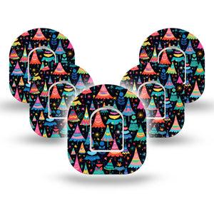 ExpressionMed Bright Trees Pod Tape, 5-Pack Tape and 5-Pack Sticker, Colorful Holiday Trees, Medtronic CGM Overlay Patch Design