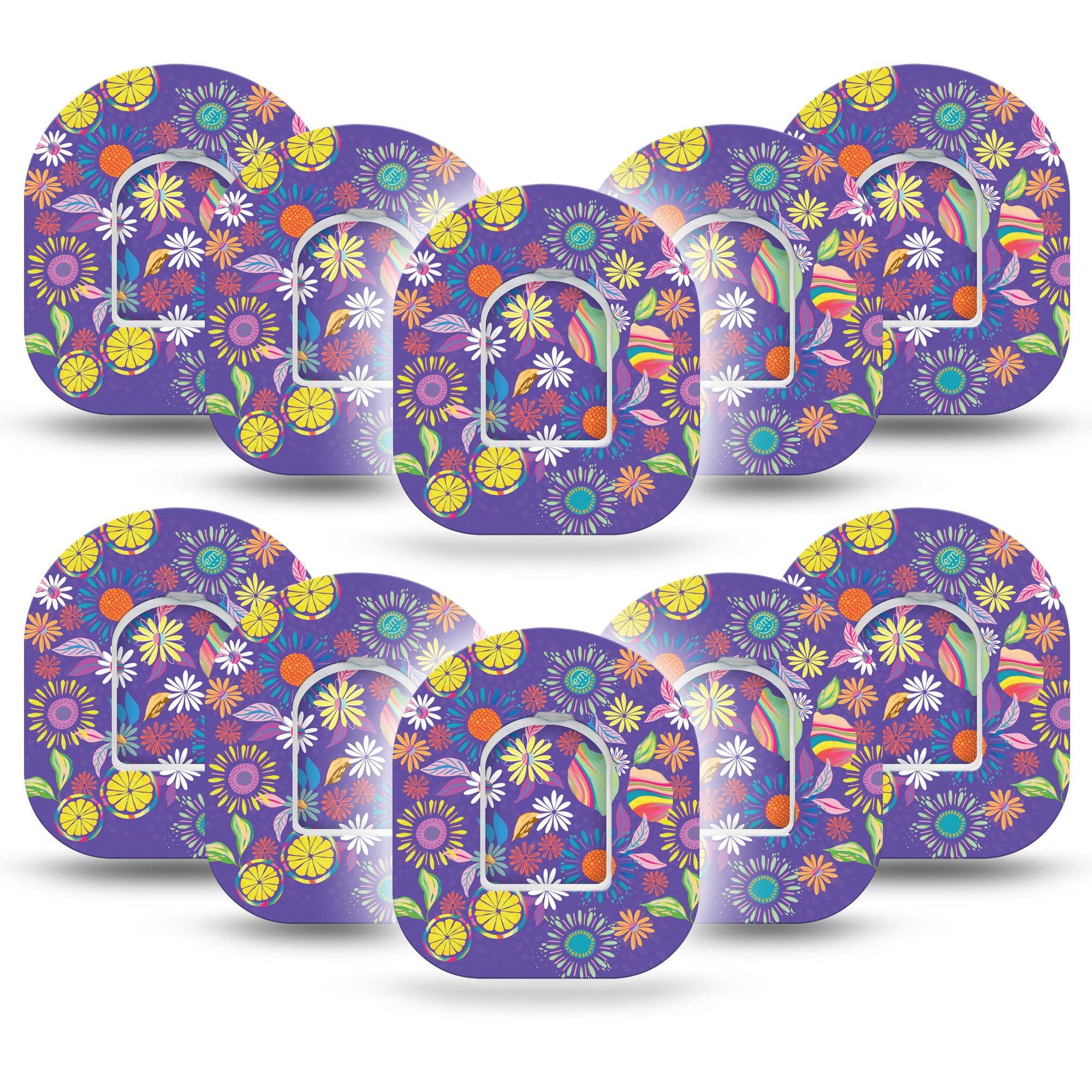 ExpressionMed Purple Flower Omnipod 10-Pack Unique Etta Vee Creations Adhesive Patch Pump Design with center stickers
