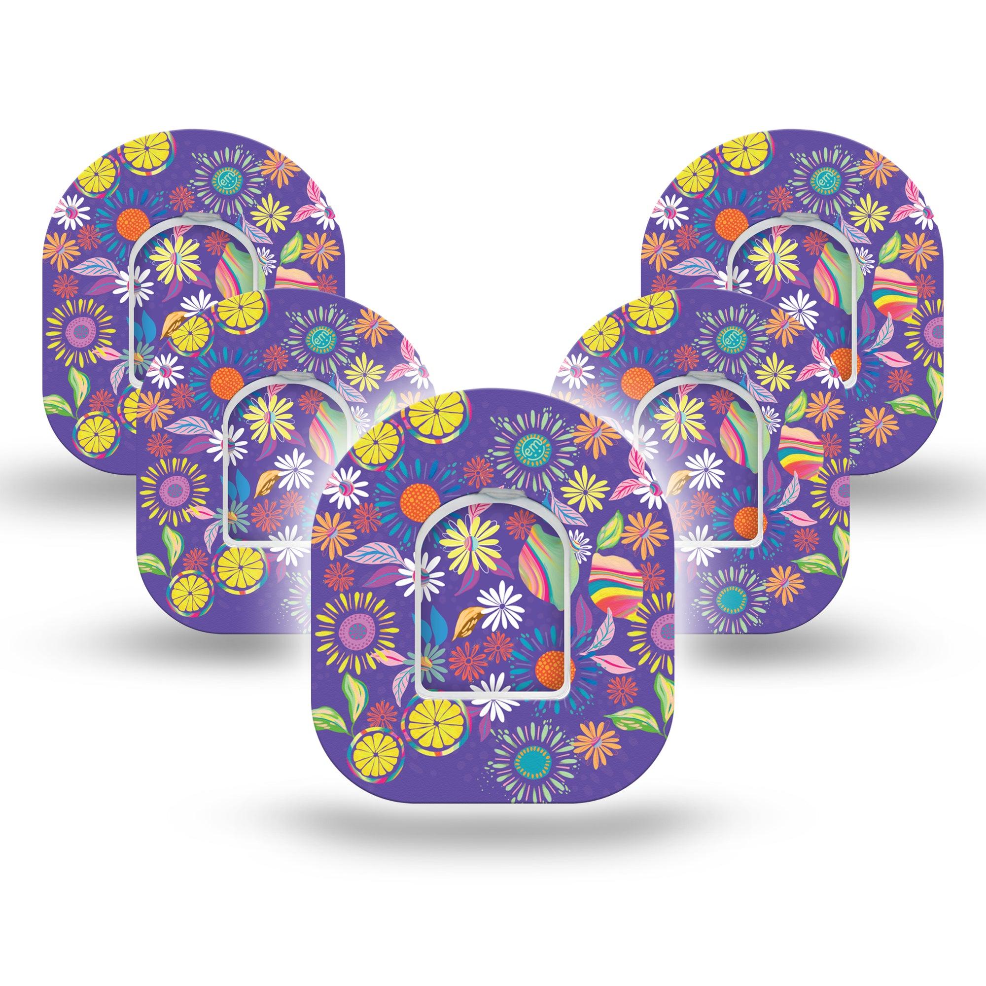 ExpressionMed Purple Flower Omnipod 5-Pack Unique Etta Vee Creations Adhesive Patch Pump Design with center stickers