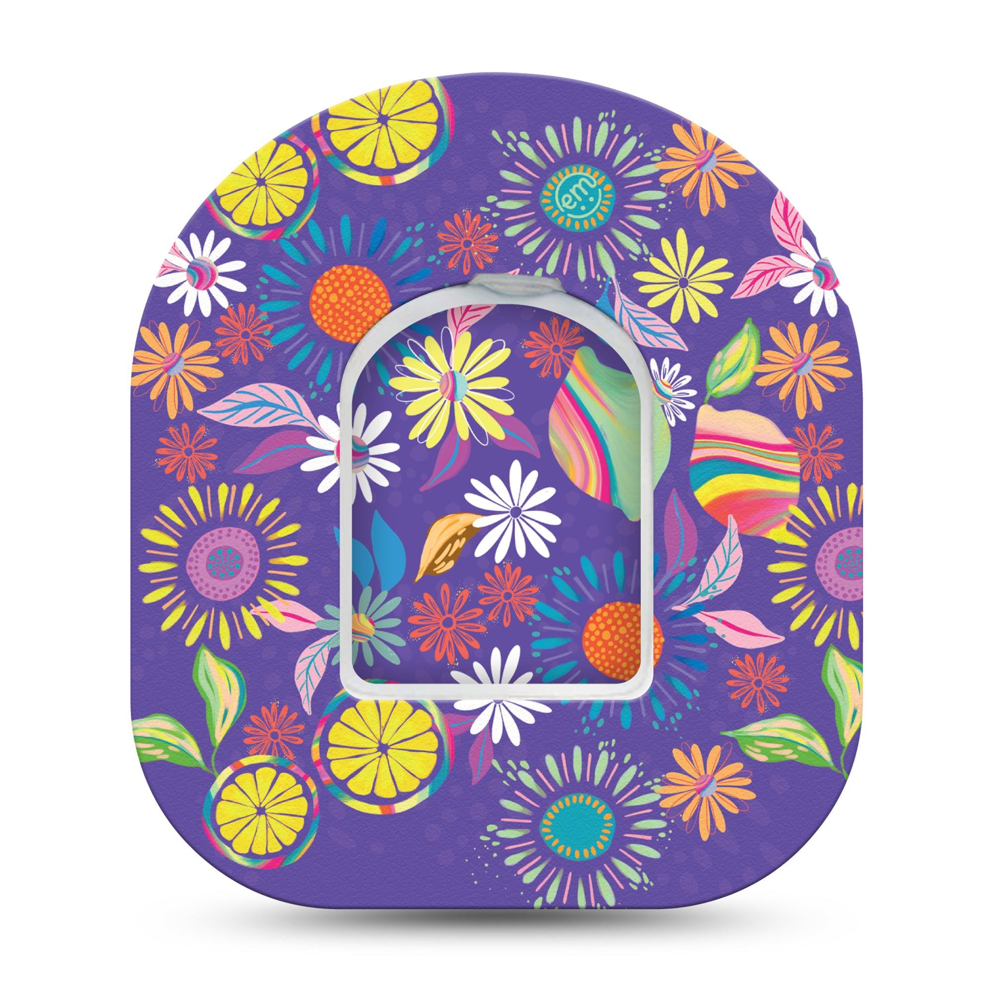 ExpressionMed Purple Flowers Omnipod Single Vibrant Etta Vee Design Adhesive Patch Pump Design with center sticker
