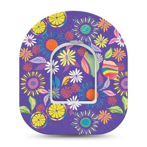 ExpressionMed Purple Flowers Omnipod Single Vibrant Etta Vee Design Adhesive Patch Pump Design with center sticker