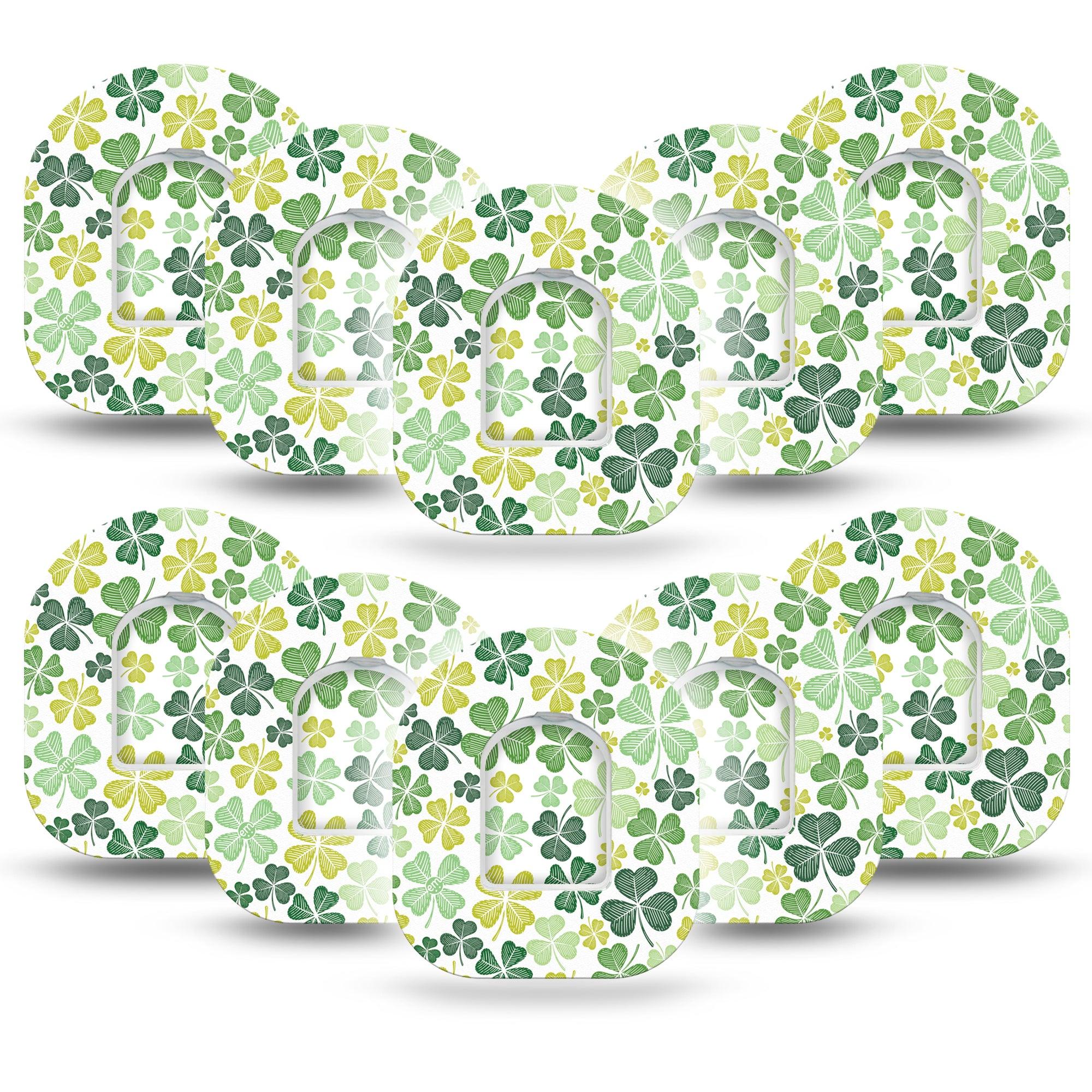 ExpressionMed Clover Pile Omnipod Tape, 10-Pack Tape and 10-Pack Sticker Irish Clover Petals. Adhesive Patch Pump Design