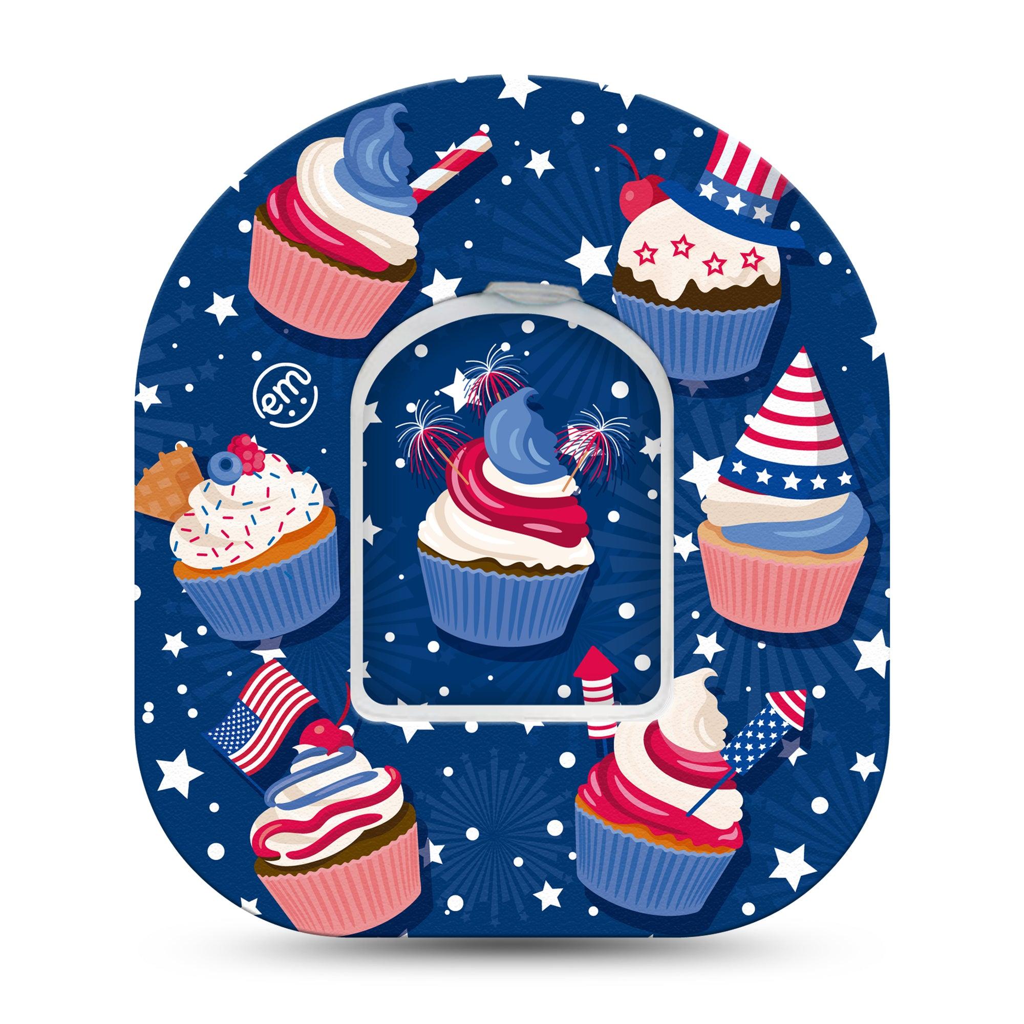 ExpressionMed Patriotic Cupcakes Omnipod Sticker Pod Surface Center Sticker Single Sticker with matching Single Pod Tape July 4th Cupcakes Vinyl Decoration Pump design