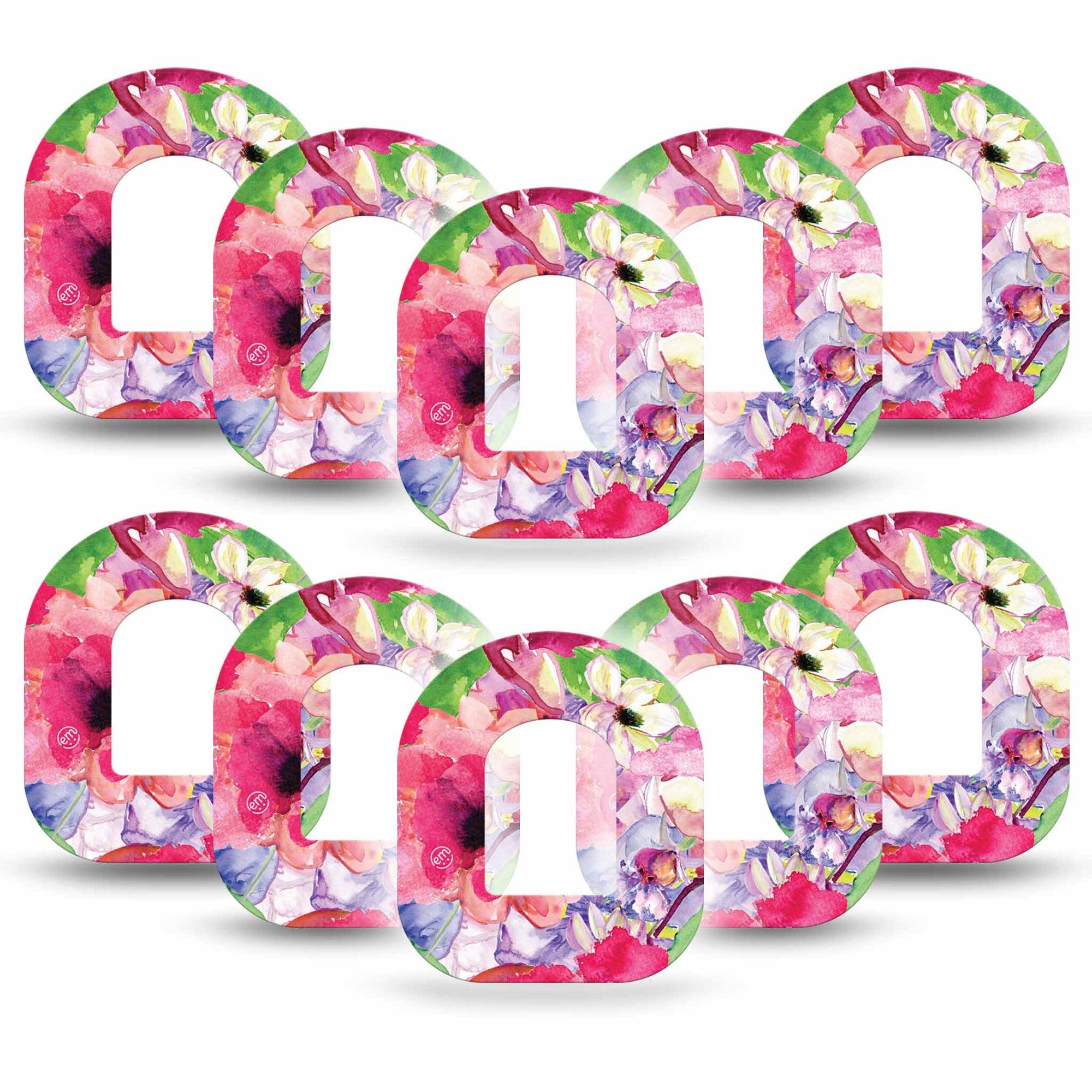 ExpressionMed Watercolor Red Flowers Omnipod Tape 10-Pack Vibrant Pink Red Artwork Florals Adhesive Patch Pump Design
