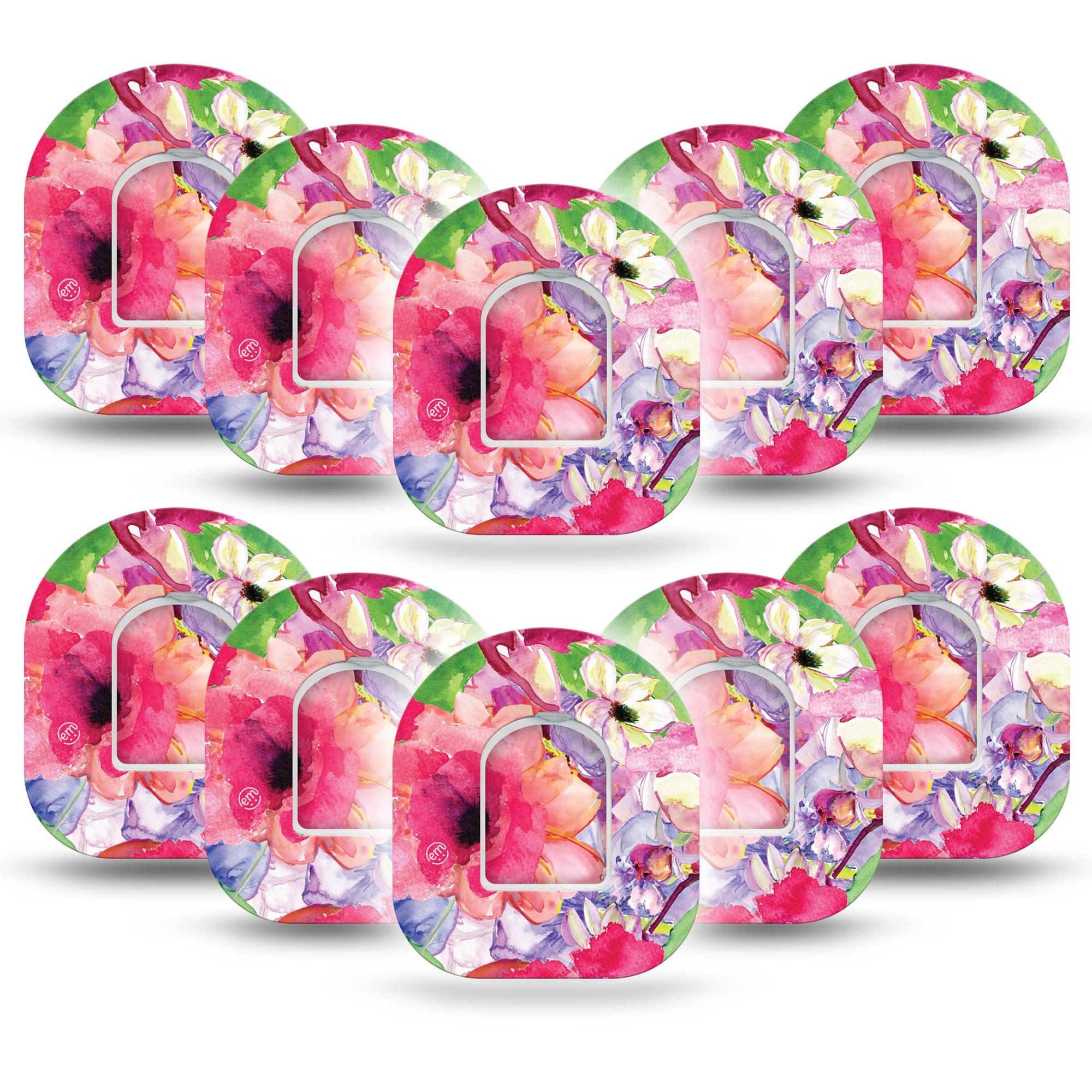 ExpressionMed Watercolor Red Flowers Omnipod Tape 10-Pack Tape and 10-Pack Sticker Bold Pink Flowers Adhesive Patch Pump Design
