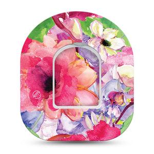 ExpressionMed Watercolor Red Flowers Omnipod Tape Single Tape and Single Sticker Vibrant Pink Red Artwork Florals Adhesive Patch Pump Design